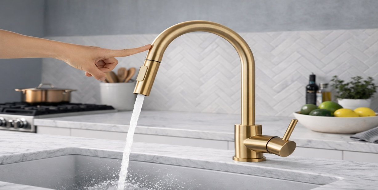 Fontana gold touch sensor kitchen sink faucet with swivel pull out sprayer in a contemporary kitchen